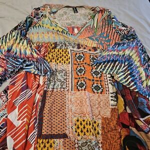 Sacred Threads Patchwork Tunic Top Womens Floral Button 3/4 Sleeve Boho Artsy SM